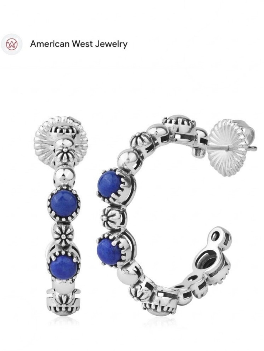 American West Concha Silver & Blue Lapis 1.25” Hoop Earrings